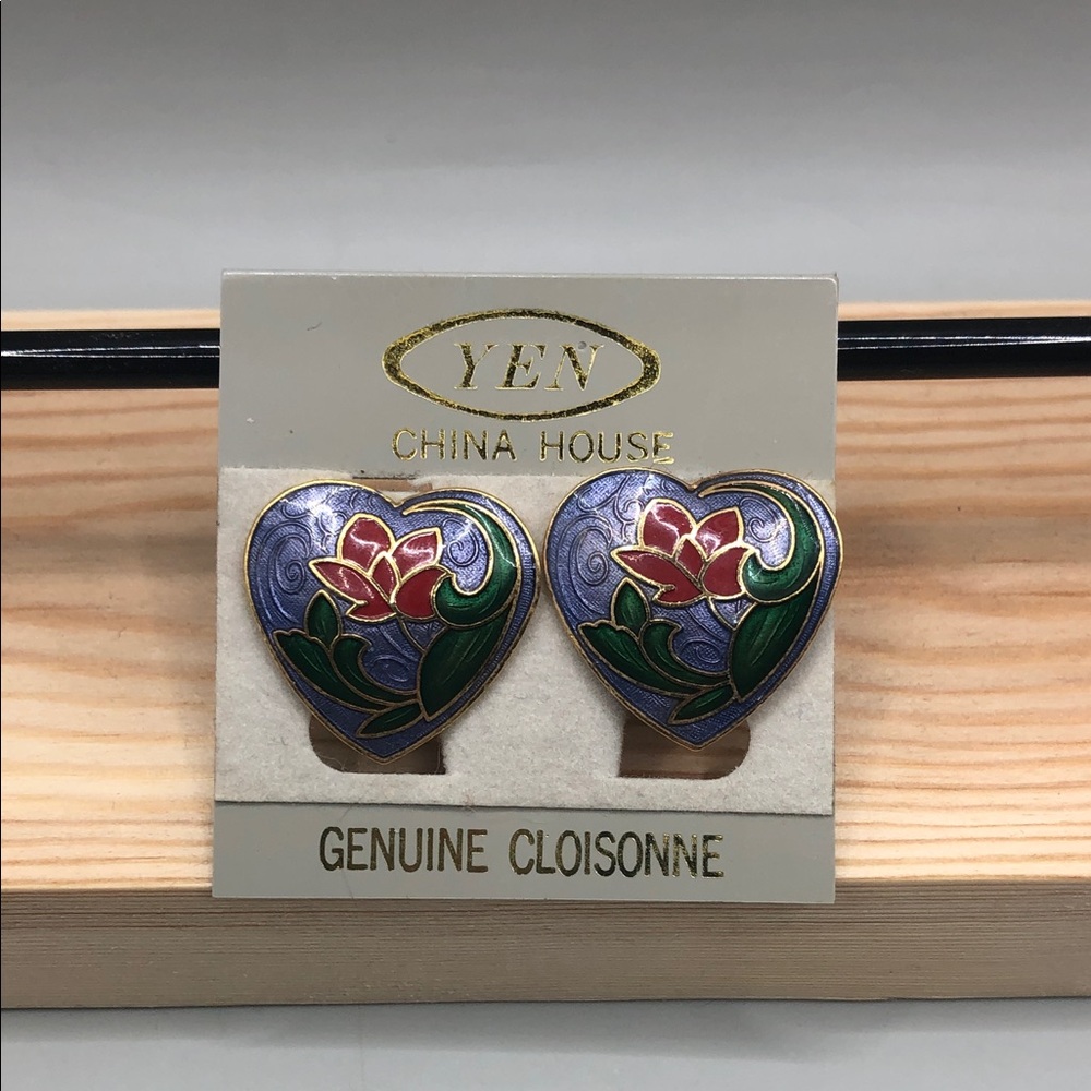 Vintage Cloisonne Heart Flower Clip On Earrings Yen China House New Old Stock